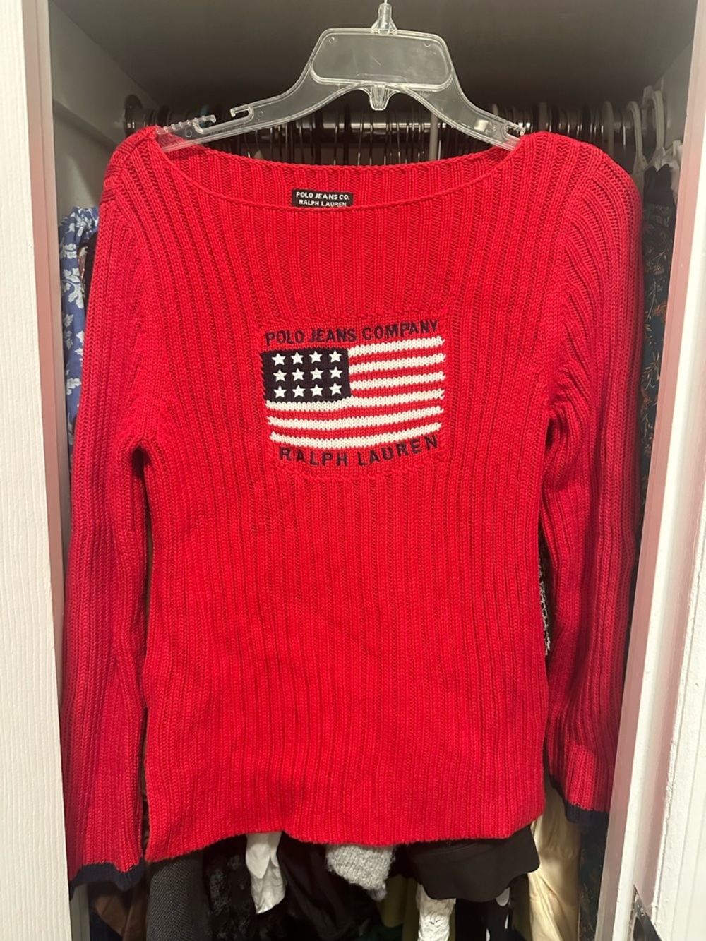 Ralph Lauren Red Ribbed Off-the-Shoulder Flag Sweater